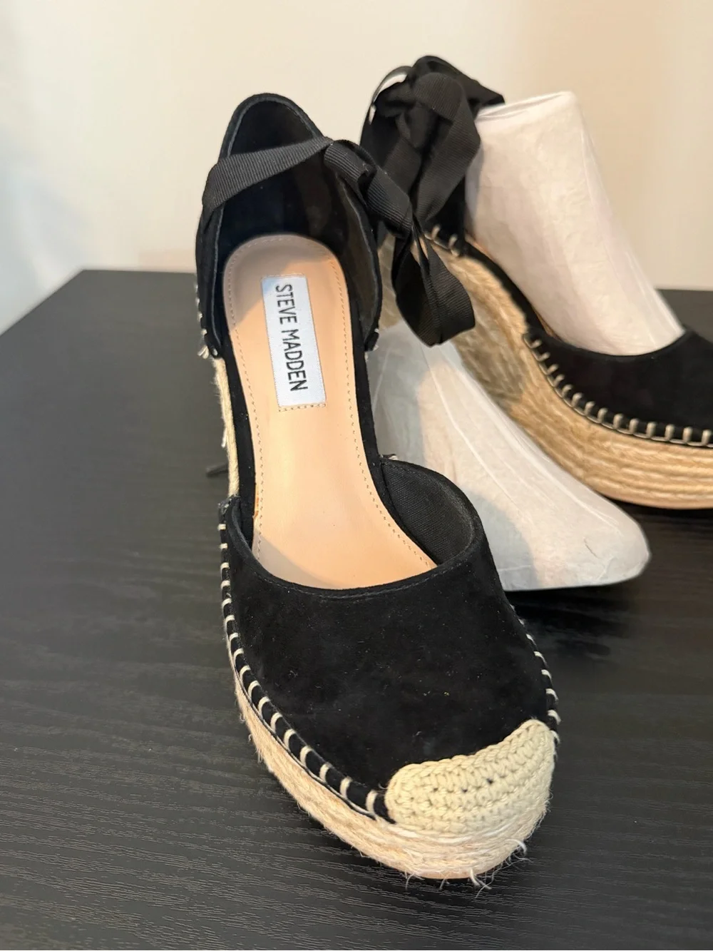 Steve Madden Black Suede Espadrille Wedge Sandals with Rope Platform